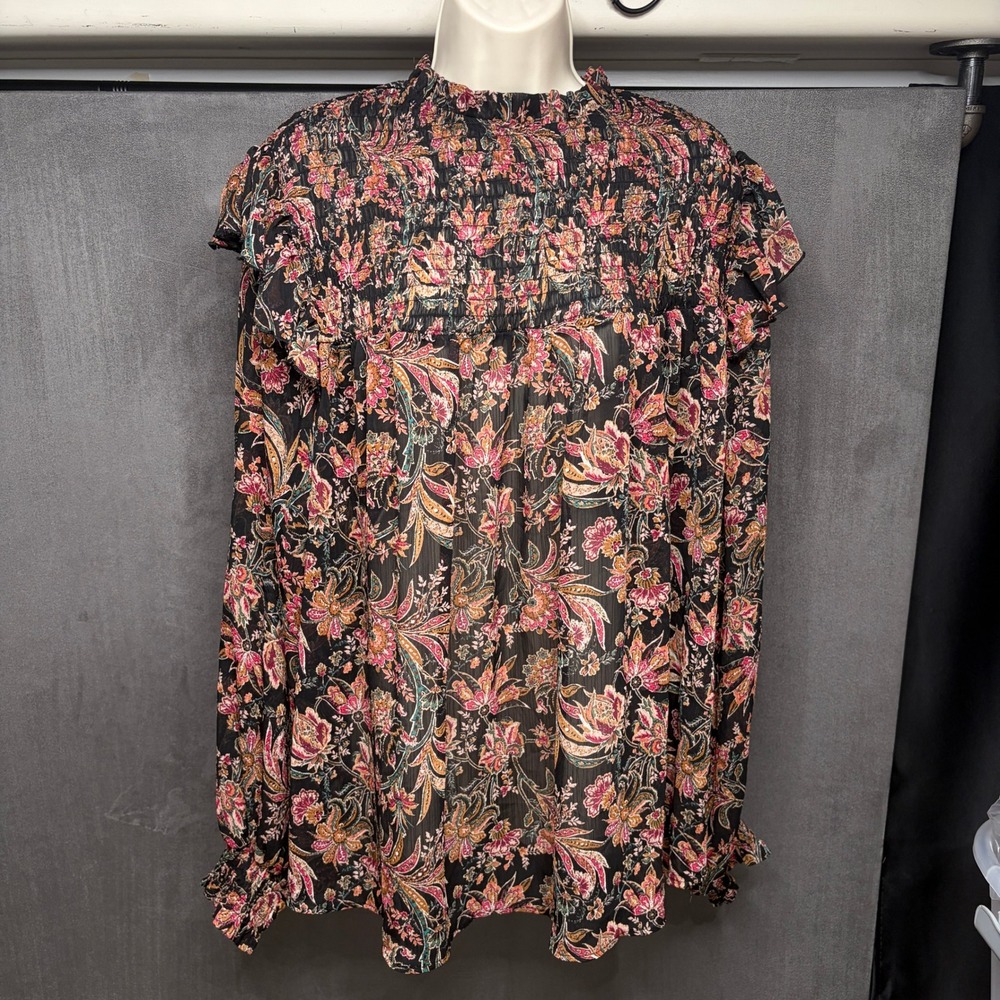 Knox Rose Blouse Women‎ 2X Black Floral Smocked Mock Neck Boho Ruffle Chiffon
